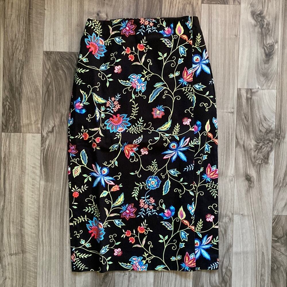 Talbots 8P True‎ Wrap Cotton Skirt Neon Florals on Black SUPER CLEAN
